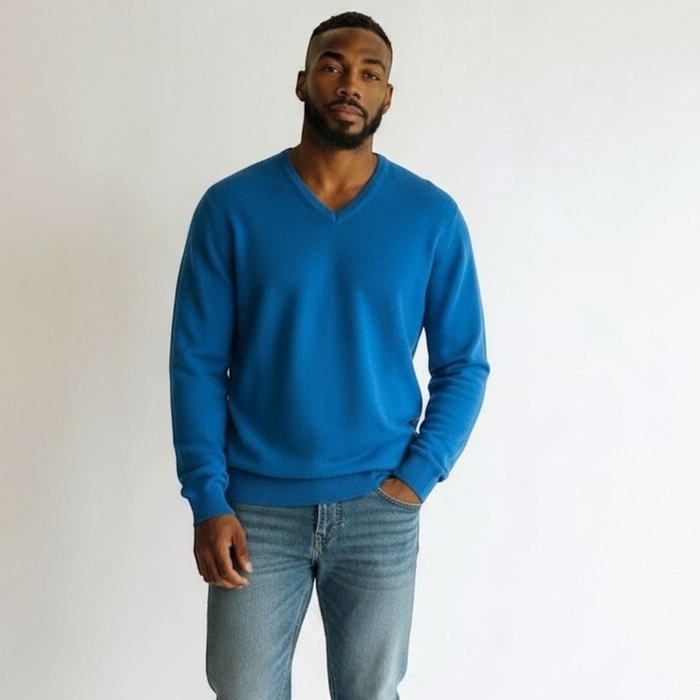 Lands End Men's 100% Cashmere Blue V-Neck Sweater Large